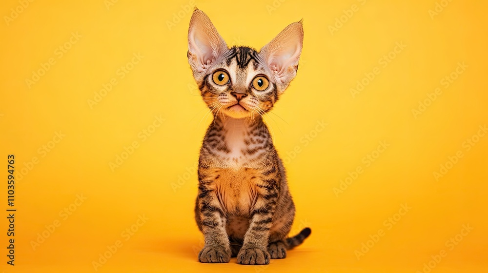 Obraz premium Playful Brown Tabby Devon Rex Kitten on Yellow Background
