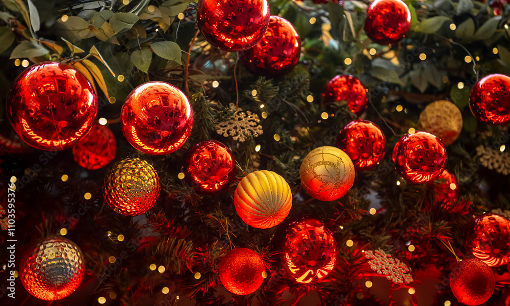 Christmas decorations. Fir garland with red and yellow glass balls and bokeh
