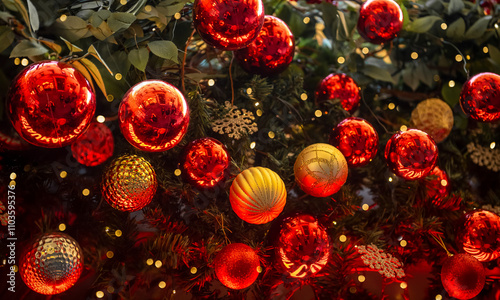 Obraz na płótnie Christmas decorations. Fir garland with red and yellow glass balls and bokeh w salonie