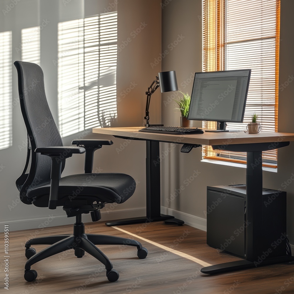 Modern Home Office with Ergonomic Chair and Computer Setup Modern Home Office with Ergonomic Chair and Computer Setup