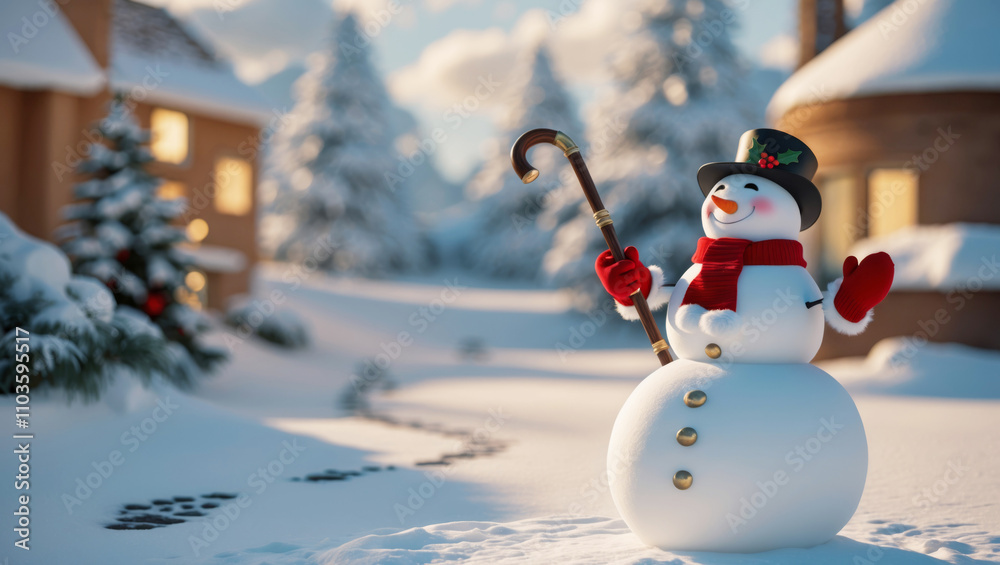 Obraz premium Snowman stands cheerfully in a winter wonderland with snow-covered trees and houses during a sunny day