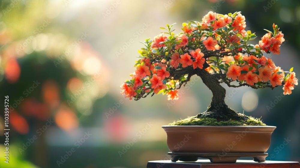 A vibrant bonsai tree adorned with orange flowers, showcasing nature's beauty in a serene setting. A vibrant bonsai tree adorned with orange flowers, showcasing nature's beauty in a serene setting.