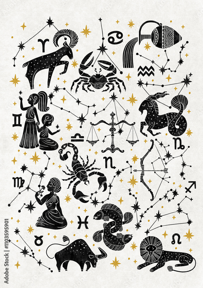 Obraz premium Folk poster of Zodiac signs, trendy Scandinavian astrological illustration of constellation. Aries, Leo, Gemini, Taurus, Scorpio, Aquarius, Pisces, Sagittarius, Libra, Virgo, Capricorn, Cancer. Black.