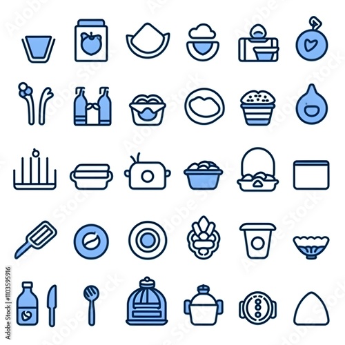 A collection of minimalist food and kitchen icons in blue outline style.