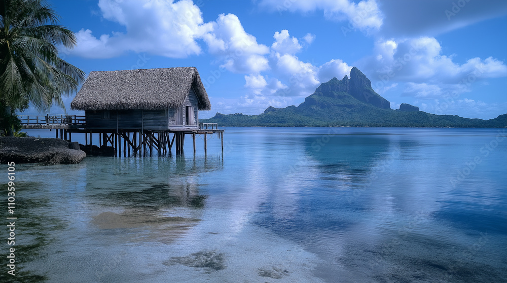 Overwater bungalow with scenic mountain backdrop on a tropical lagoon Overwater bungalow with scenic mountain backdrop on a tropical lagoon