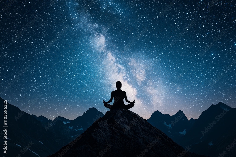 Introspection reflection and growth concept. Silhouette of a person meditating under a starry night sky. Introspection reflection and growth concept. Silhouette of a person meditating under a starry night sky.
