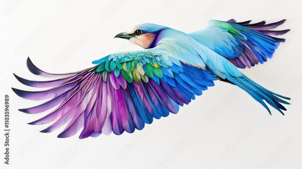 Fototapeta premium A vibrant, colorful illustration of a bird in flight with intricate feather details.