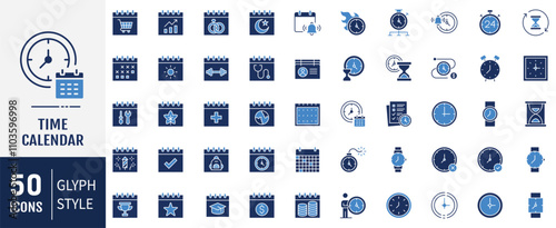 Time calendar Icon set. Containing calendar, timer, time management, time value, time, schedule and more. Vector Illustration