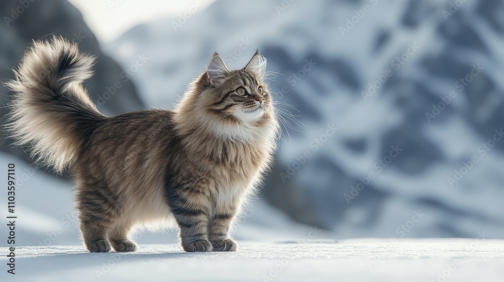 Siberian Cat Standing with Long Tail in Scenic Landscape Siberian Cat Standing with Long Tail in Scenic Landscape