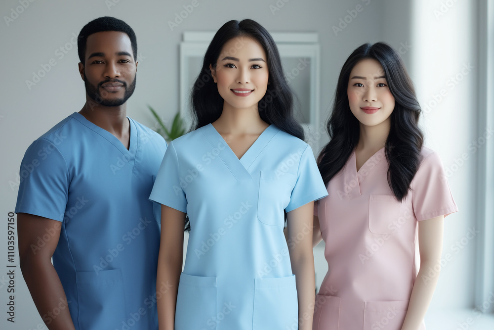 Three healthcare professionals pose together in a modern clinic setting. Generative AI Three healthcare professionals pose together in a modern clinic setting. Generative AI