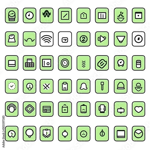 Colorful icons on green background, featuring various digital and interface symbols.