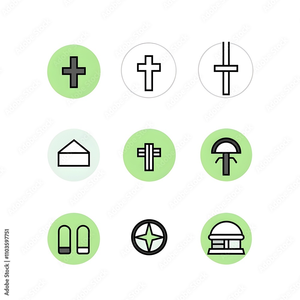 Set of minimalist religious and cultural symbols in green and white. Set of minimalist religious and cultural symbols in green and white.