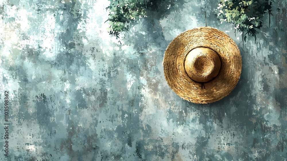 Sumi Style Painting of a Straw Hat Hanging on a Wall with Greenery Accents Sumi Style Painting of a Straw Hat Hanging on a Wall with Greenery Accents