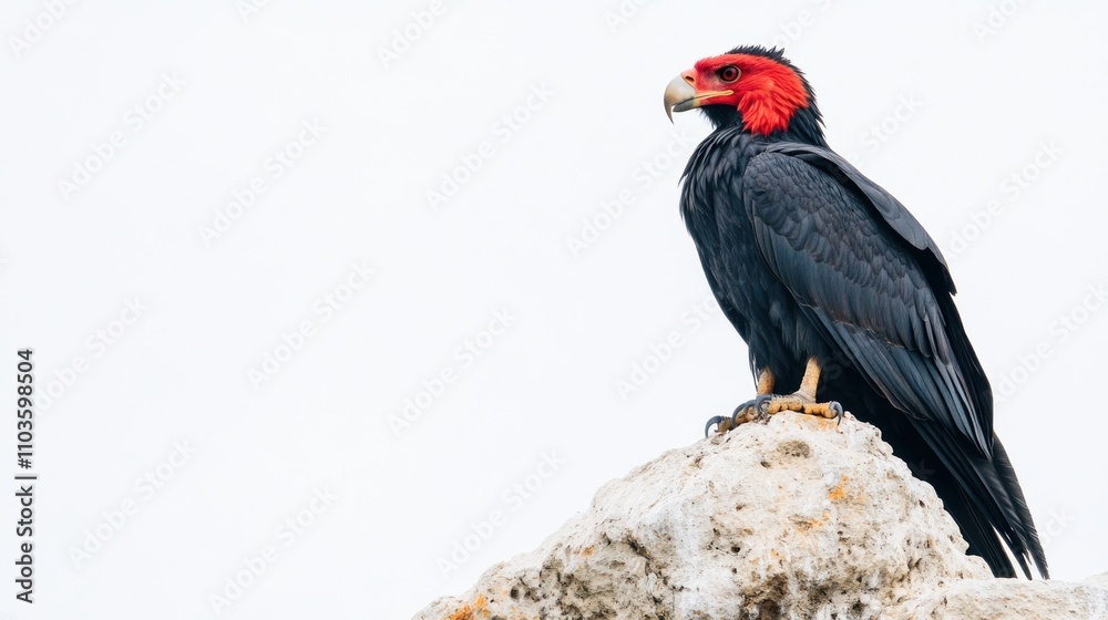 Fototapeta premium A striking bird with a red head perched on a rocky surface against a light background.