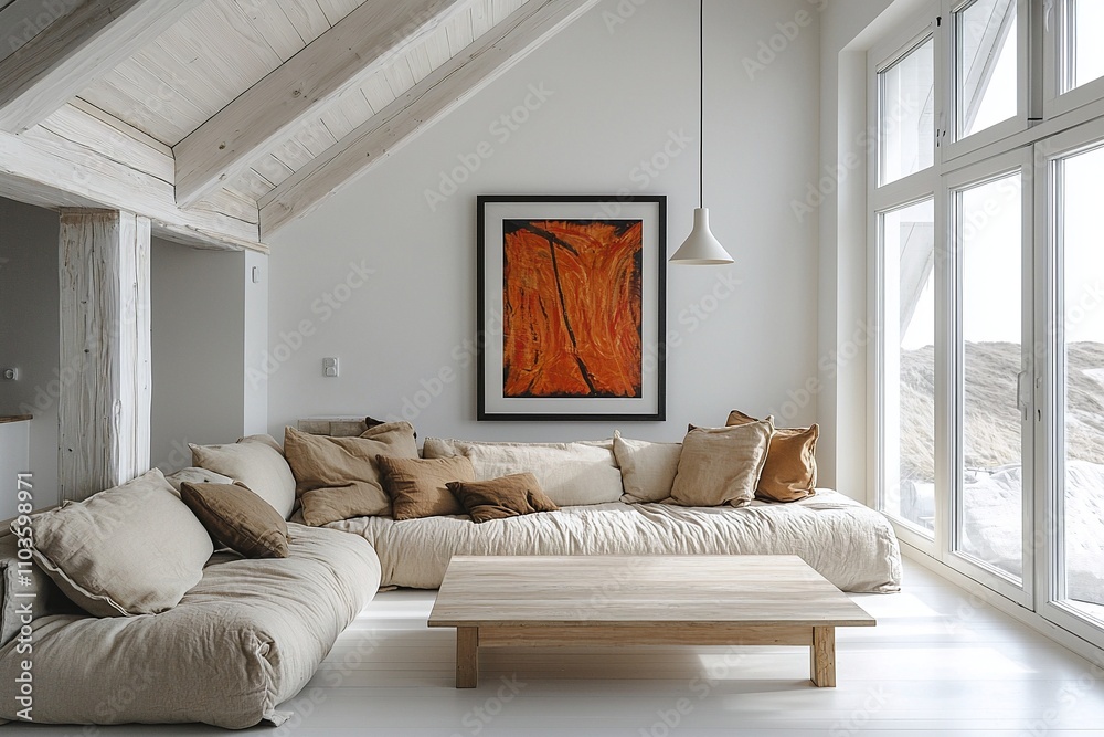 Obraz premium A living room photo of a combination of Scandinavian interiors and japandi interiors in a living room with a window view and sofa and table. Generative AI 