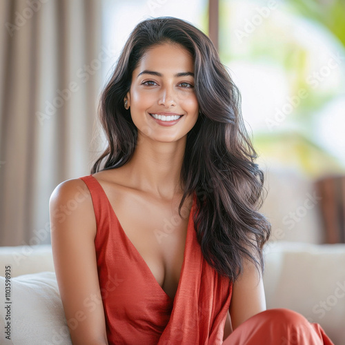 young indian woman sitting on sofa at home