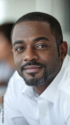 A confident man smiles while wearing a white shirt, showcasing a professional and approachable demeanor in a bright setting.