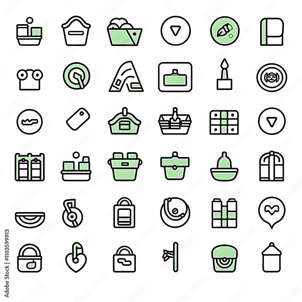 A collection of minimalistic line icons depicting various tools and containers. A collection of minimalistic line icons depicting various tools and containers.