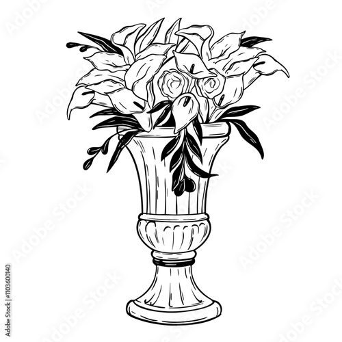 Calla lilies bouquet line illustration vector wedding garden vase decoration, exotic tropical flower. Italian marble elegant floral pot, antique blossom graphic romantic design. Calla lilies exterior