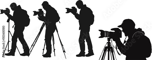 silhouette of photographer with camera, Three silhouetted photographers capturing images with tripods.
