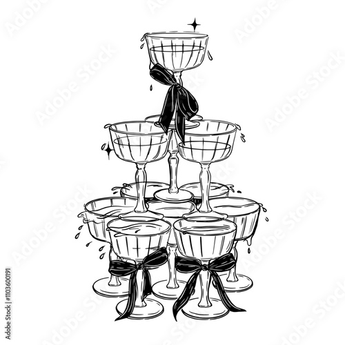 Champagne tower doodle illustration, wedding coquettish cocktail party vector hand drawn design. Wine glass pyramid, celebration alcohol beverages line bar menu icon. Bachelorette champagne tower art