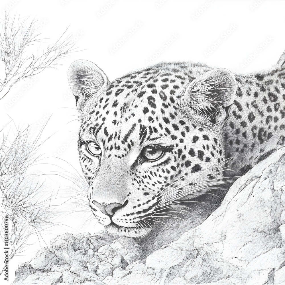 Obraz premium Artistic drawing illustrated in pencil: asian leopard in the atlas mountains in North Africa.