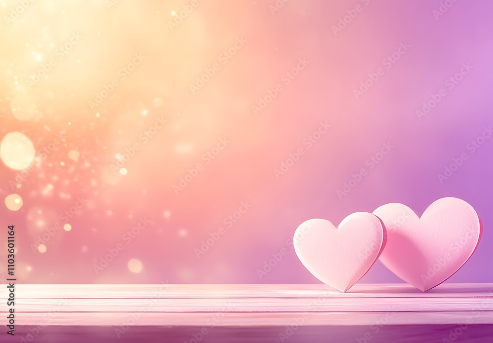 Romantic Pink Hearts on a Soft Bokeh Background. Two delicate, pink paper hearts sit on a light wooden surface, surrounded by a soft, out-of-focus, purple bokeh background. Romantic Pink Hearts on a Soft Bokeh Background. Two delicate, pink paper hearts sit on a light wooden surface, surrounded by a soft, out-of-focus, purple bokeh background.