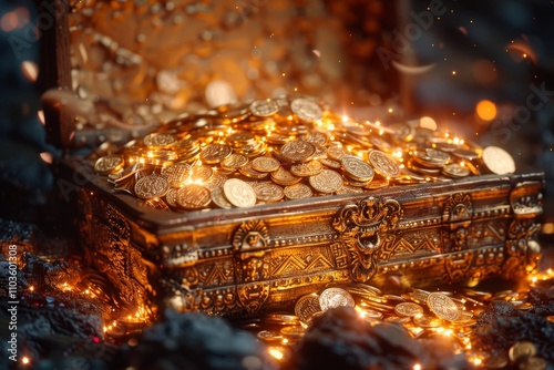 Fantasy gift box overflowing with golden coins, diamonds, and rubies against a black background