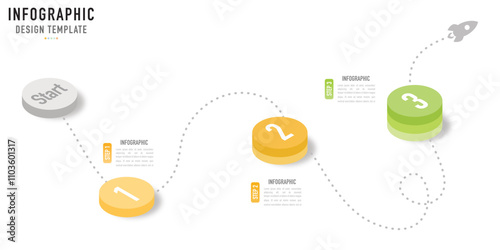 Circular isometric infographic template or element with 3 step, process, option, colorful circle, bar, column, arrow, minimal style, slide