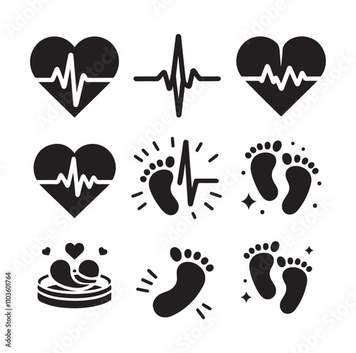 Set of heart pulse with heart and babys feet 

vector illustration