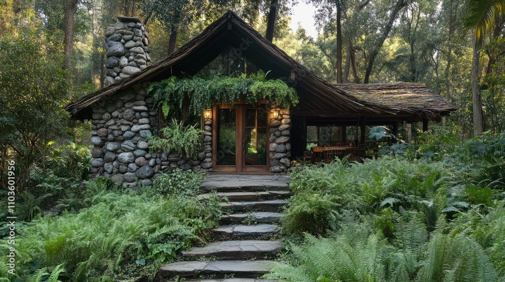 A rustic stone cabin surrounded by lush greenery and ferns in a tranquil forest setting. A rustic stone cabin surrounded by lush greenery and ferns in a tranquil forest setting.