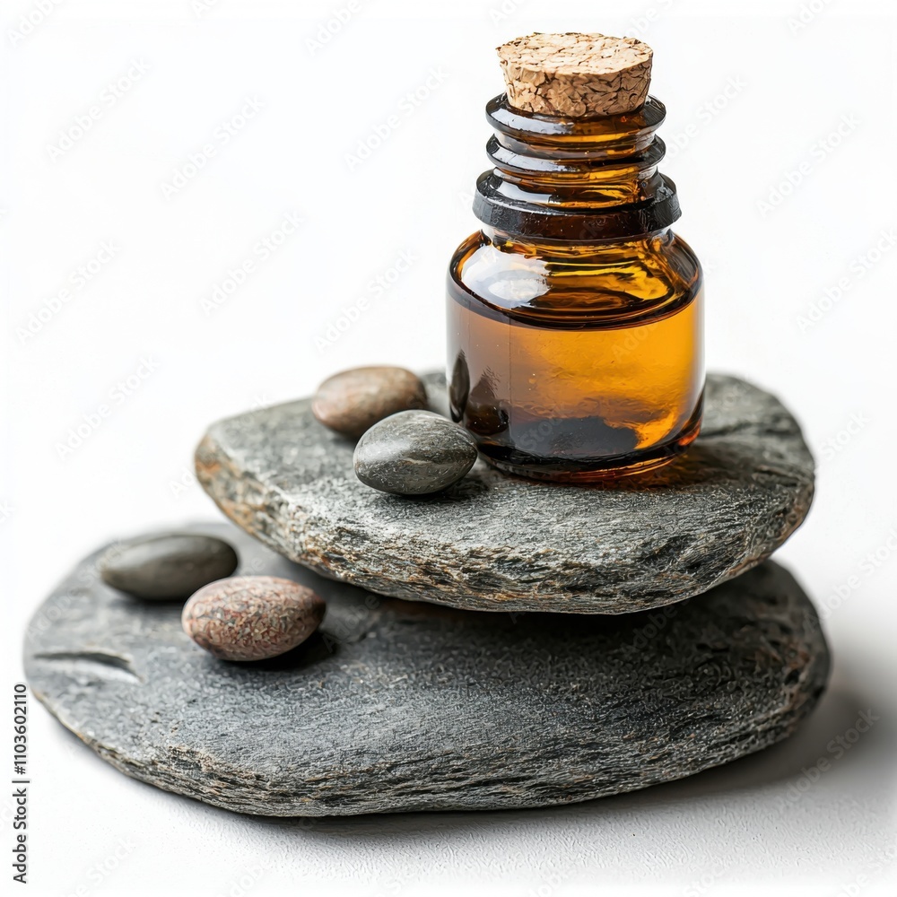 Essential oil bottle on stones isolated background nature calmness Essential oil bottle on stones isolated background nature calmness