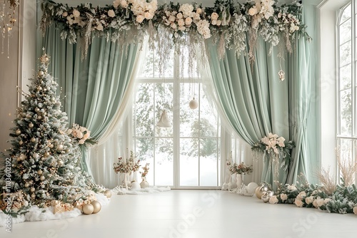 Vintage-style light blue and sage green photo backdrop with a large window, curtains, flowers, a big christmas tree, ball, bell and garland hanging from the ceiling  photo