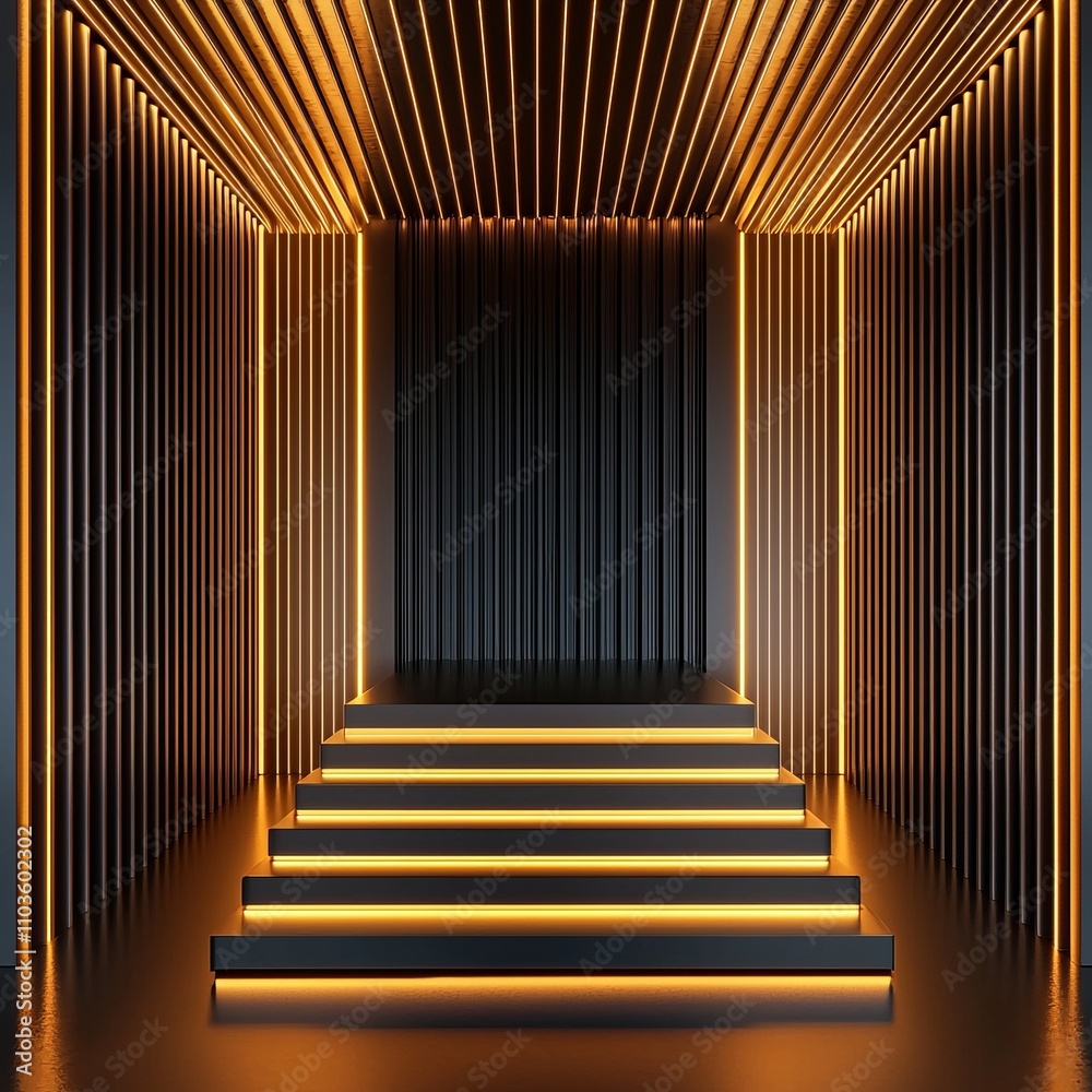 Special discount concept. Modern illuminated staircase in a sleek, dark corridor. 3D style. Special discount concept. Modern illuminated staircase in a sleek, dark corridor. 3D style.