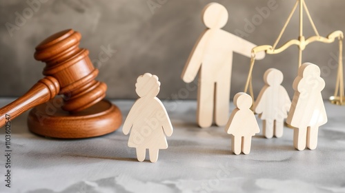 Judge in courtroom reviewing adoption papers with a family nearby. Society, child welfare institutions, family happiness, family affection, legal aid, justice, family unity photo