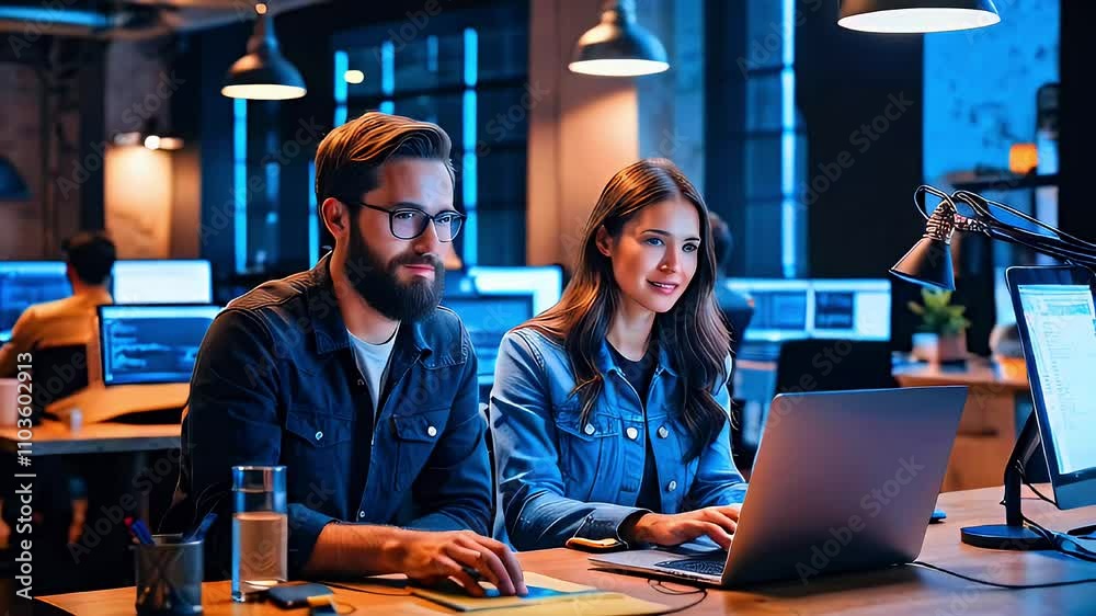 Two individuals collaborating on a laptop in a modern office environment. Two individuals collaborating on a laptop in a modern office environment.