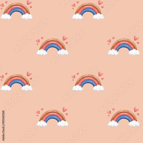 Rainbow with clouds and hearts seamless pattern