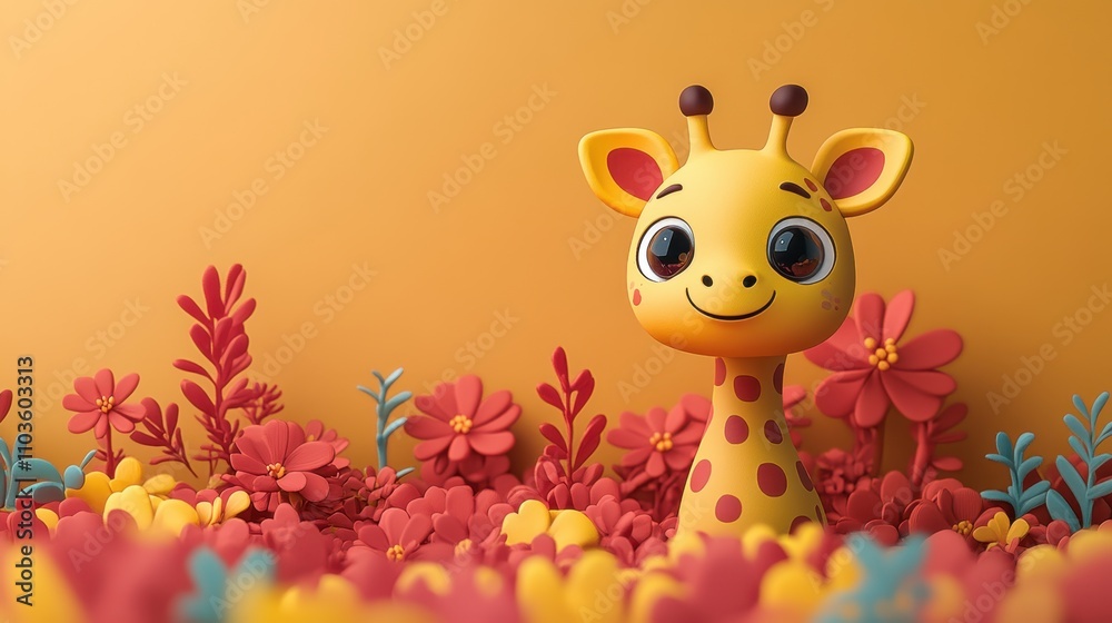 Logo design depicting a playful giraffe character with a cheerful expression, surrounded by colorful savannah elements and cheerful acacia trees. The cute style and bright colors create a fun 