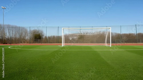 Soccer Field with Goalpost on Sunny Day. Concept of Outdoor Sports, Athletic Facilities, Healthy Lifestyle, Team Activities, football pitch
