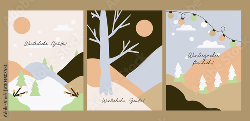 Set von Wintervorlagen. Vektor flache Illustration der Winterlandschaft mit Häusern, Winterdorf für Winterliche Grußkarte, Winterpostkarte, Poster, Hintergrund oder Einladung.