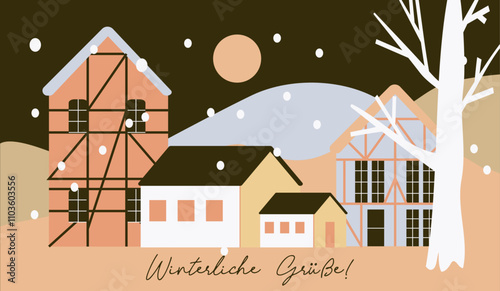 Vektor flache Illustration der Winterlandschaft mit Häusern, Winterdorf für Winterliche Grußkarte, Winterpostkarte, Poster, Hintergrund oder Einladung., Banner, Template