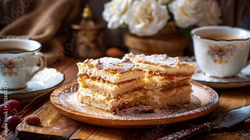 Rustic breakfast on a wooden coffee table with coffee cups, cezve, and Slovenian cream cake (kremna rezina) at Lake Bled. photo