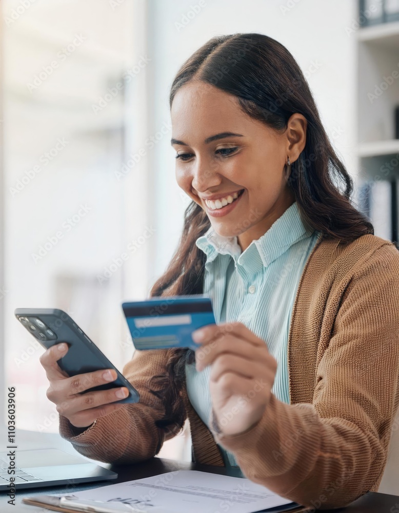 Happy woman, phone or payment with credit card for online shopping or fintech purchase at office Happy woman, phone or payment with credit card for online shopping or fintech purchase at office