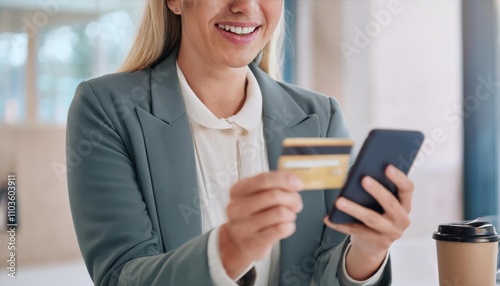 Happy woman, phone or payment with credit card for online shopping or fintech purchase at office photo