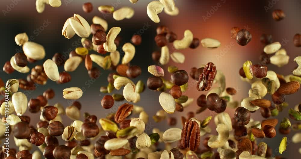 Super Slow Motion of Flying Nuts Mix. Abstract Blur Interior on Background. Filmed on High Speed Cinema Camera , 1000fps. Camera in Motion. Super Slow Motion of Flying Nuts Mix. Abstract Blur Interior on Background. Filmed on High Speed Cinema Camera , 1000fps. Camera in Motion.