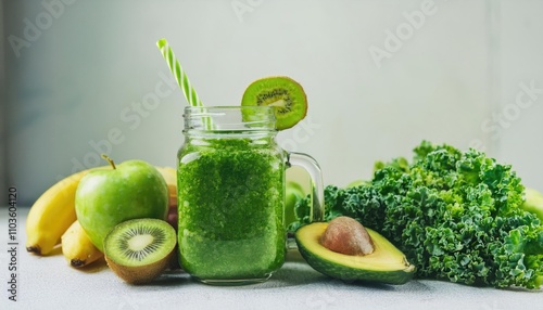 Glass jar mugs with green health smoothie photo