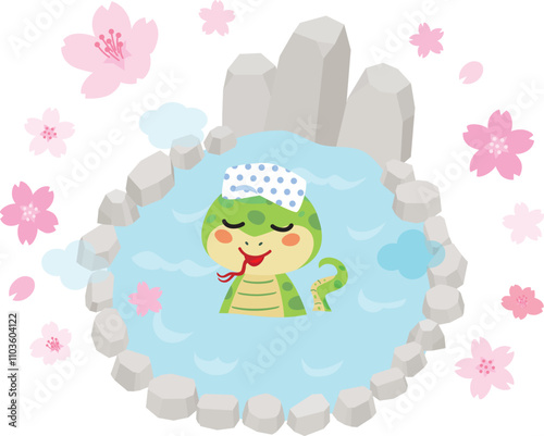 春の露天風呂に浸かるヘビ