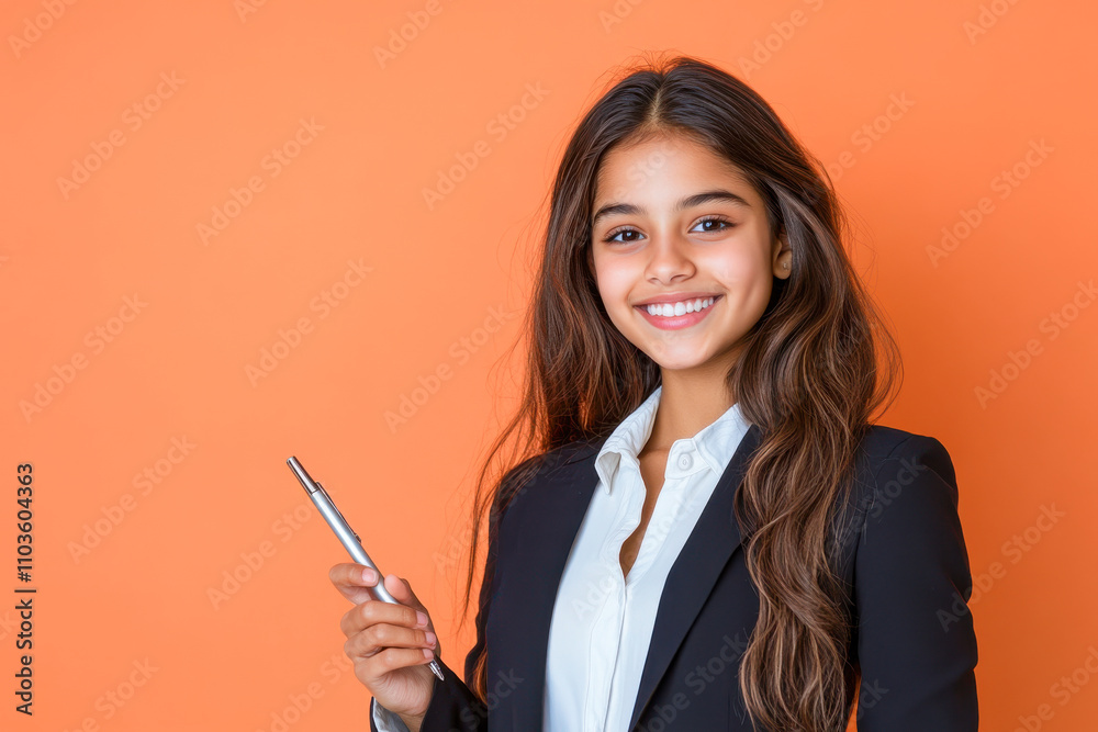 indian School Girl holding pen, Smiling, peach background. indian School Girl holding pen, Smiling, peach background.