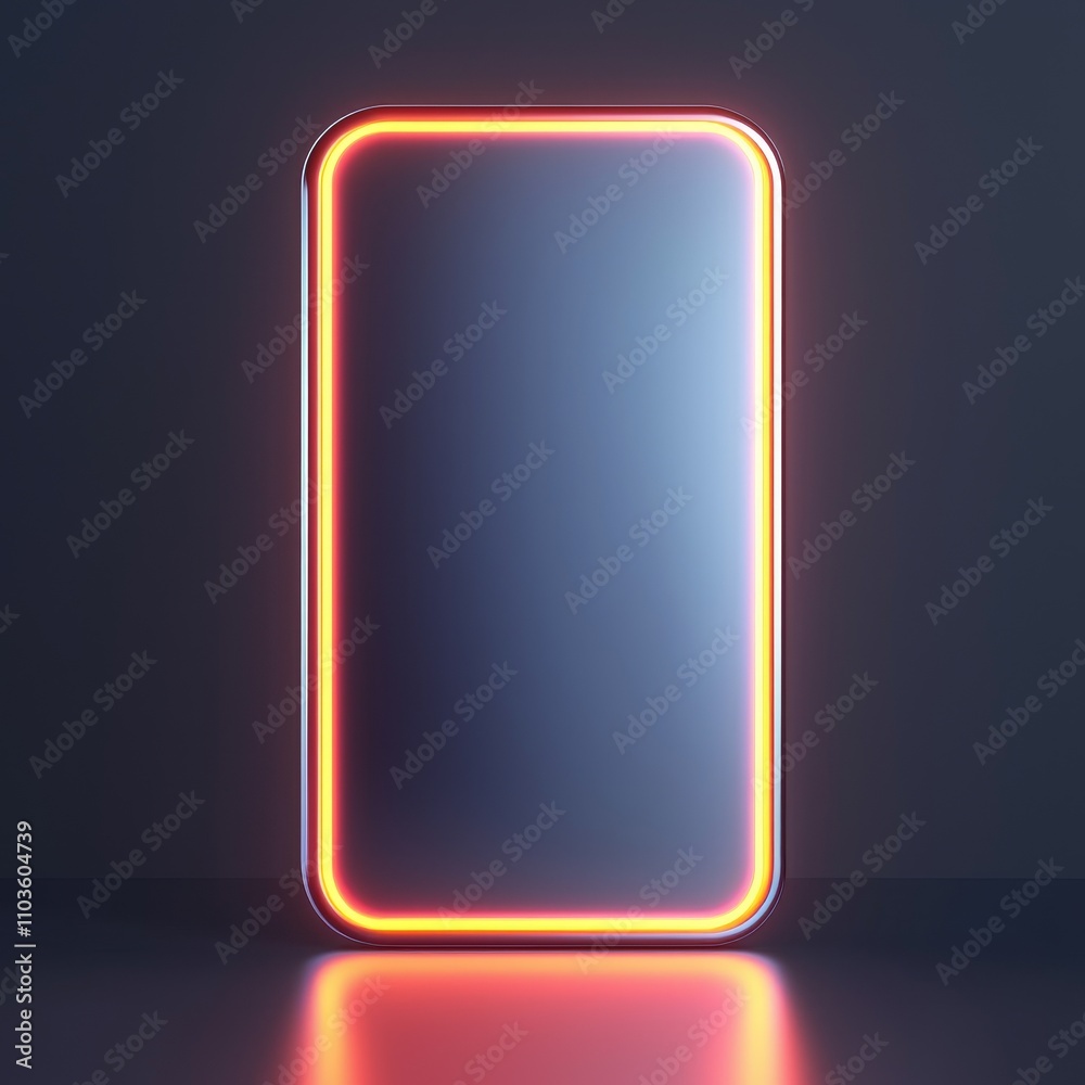 Special offer membership concept. Neon-framed smartphone with a reflective surface on a dark background. Special offer membership concept. Neon-framed smartphone with a reflective surface on a dark background.