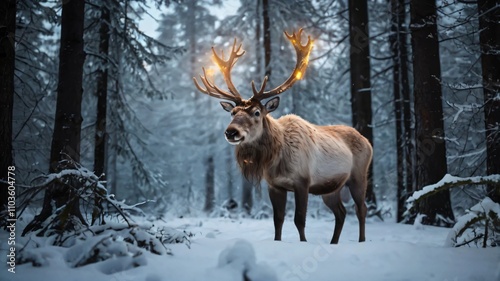 AI GENERATE, A mystical reindeer with glowing antlers standing in a snowy forest